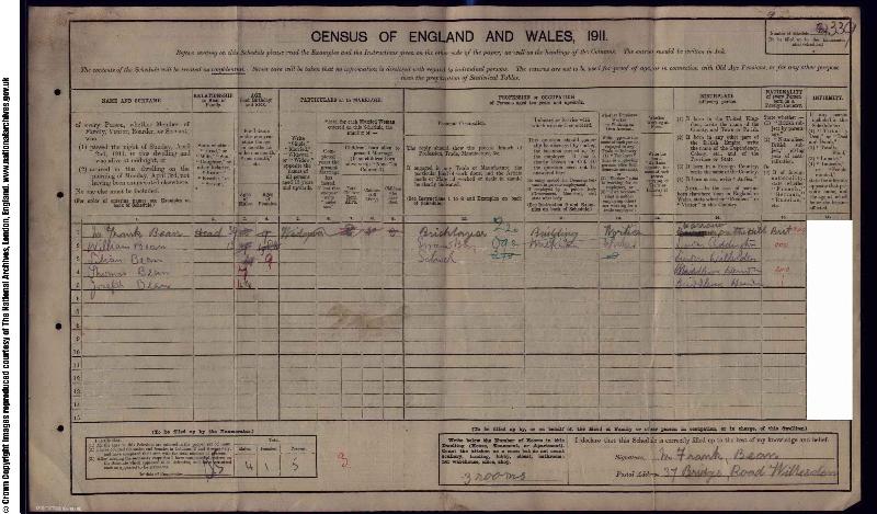 Bean (Frank) 1911 Census